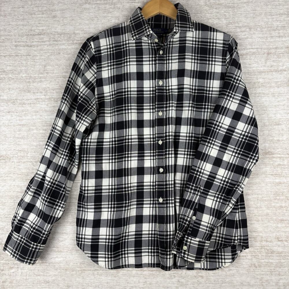 Ralph Lauren Flannel Shirt Men's Large Black Cotton Buffalo Plaid Check Button
